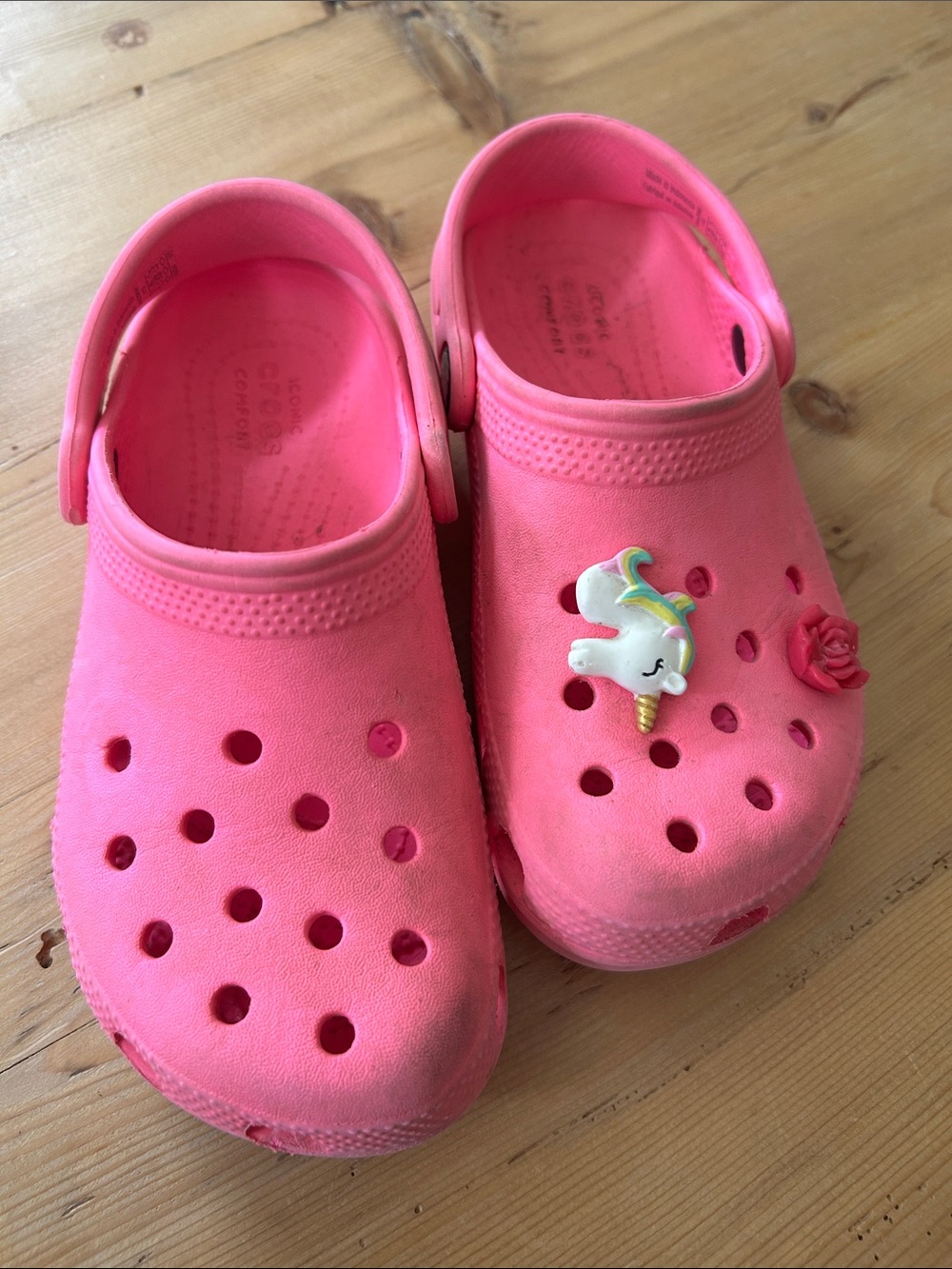 CROCS Kids Bright Pink Slip-On Clogs with Unicorn and Rose Charms